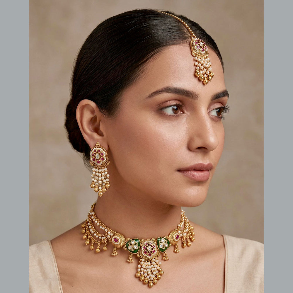 Tanish Art Jewellery Premium Pota Stone And Pearl Ethnic Necklace Set