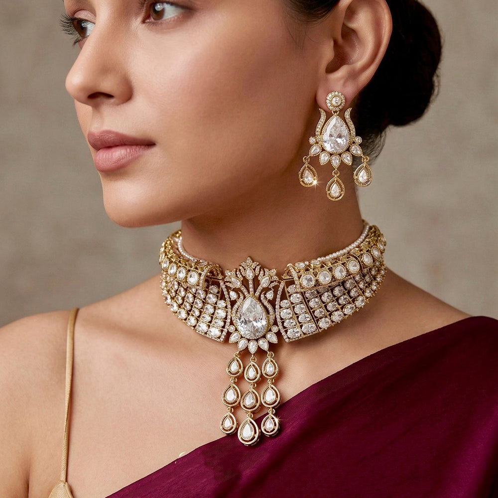 Tanish Art Jewellery Glamorous American Diamond Choker Necklace Set