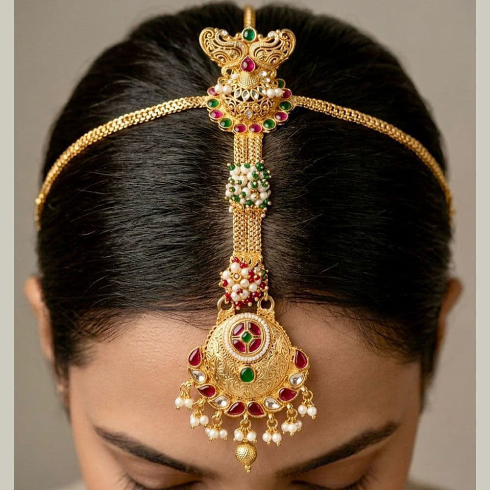 Tanish Art Jewellery Grand Bridal Pota Stone And Pearl Sheeshphool Maangtikka