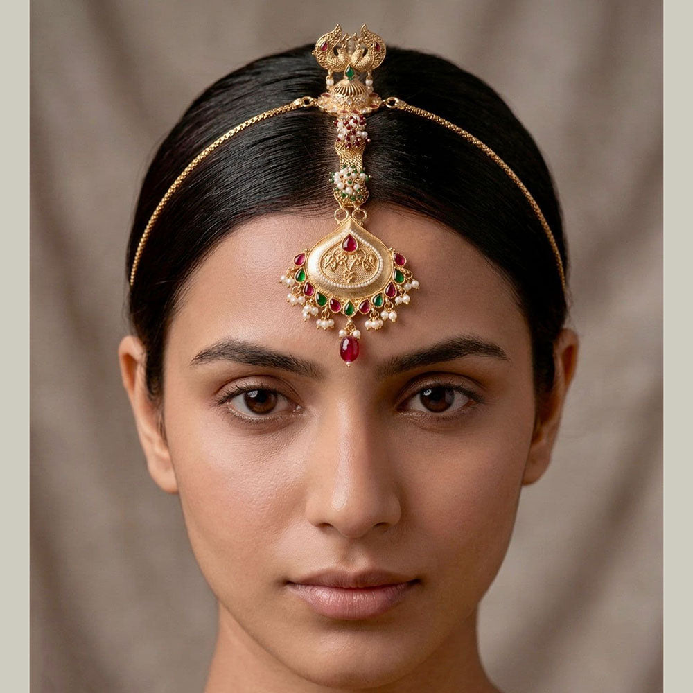 Tanish Art Jewellery Grand Bridal Pota Stone And Pearl Sheeshphool Maangtikka