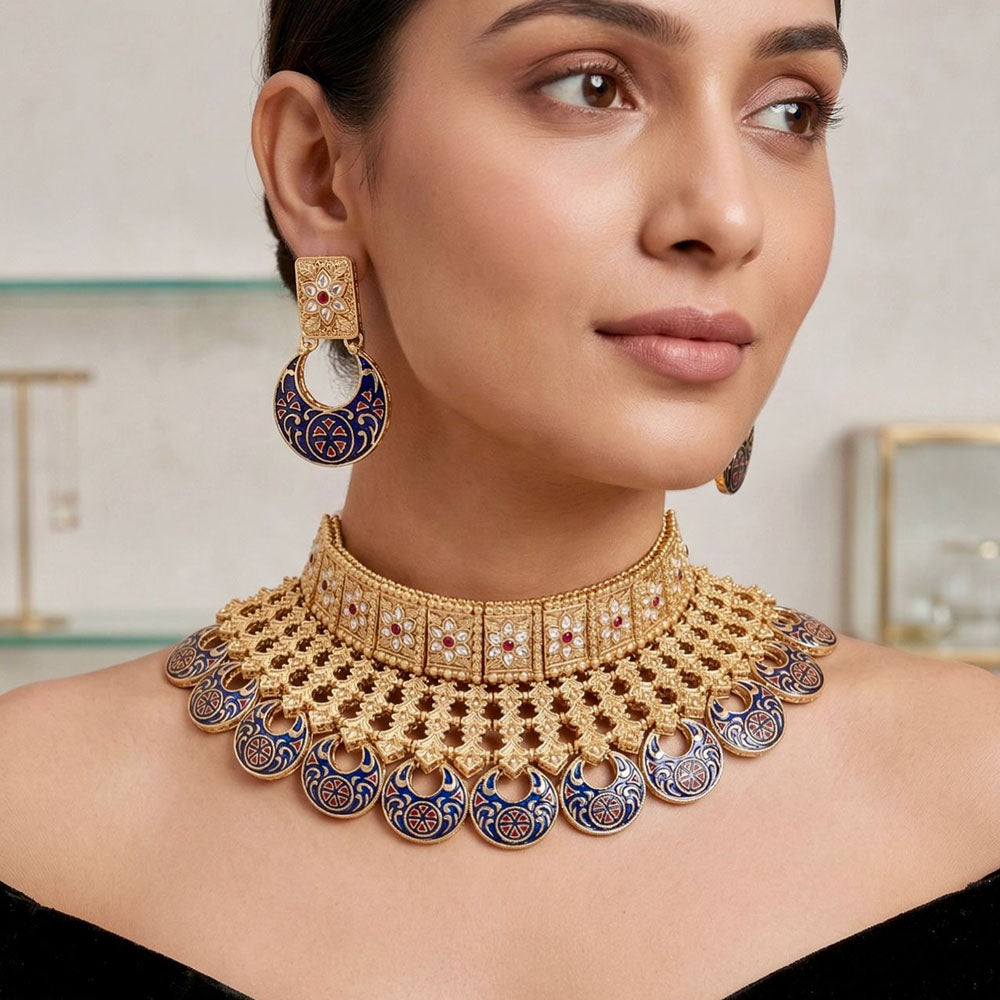 Tanish Art Jewellery Elegant Pota Stone And Meenakari Choker Necklace Set