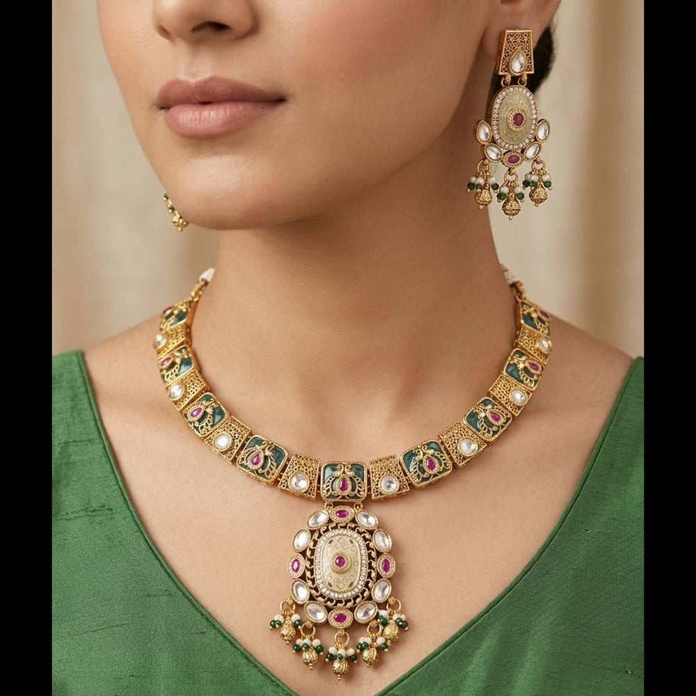 Tanish Art Jewellery Pota Stone And Pearl Meenakari Necklace Set