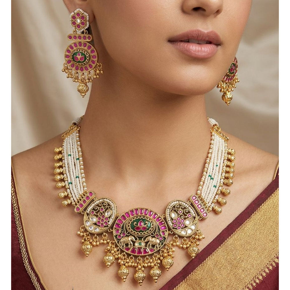 Tanish Art Jewellery Pota Stone And Pearl Necklace Set