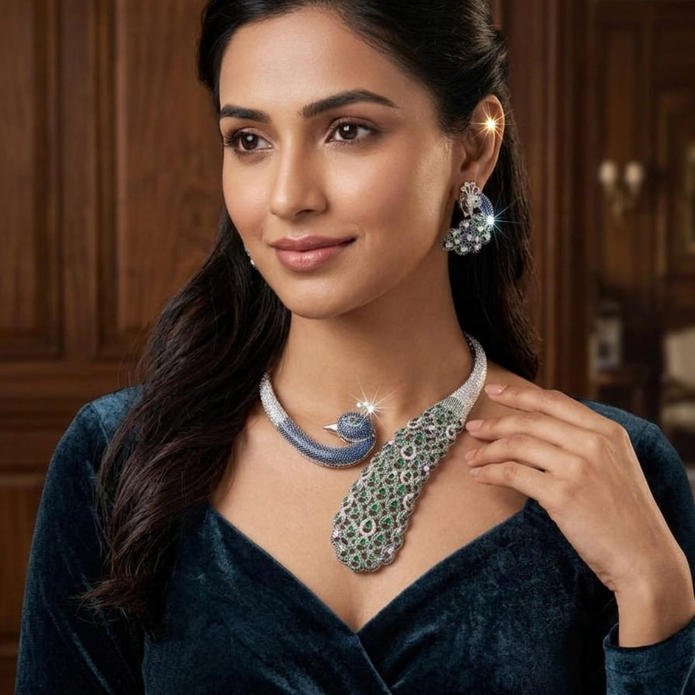 Tanish Art Jewellery Glamorous American Diamond Peacock Necklace Set