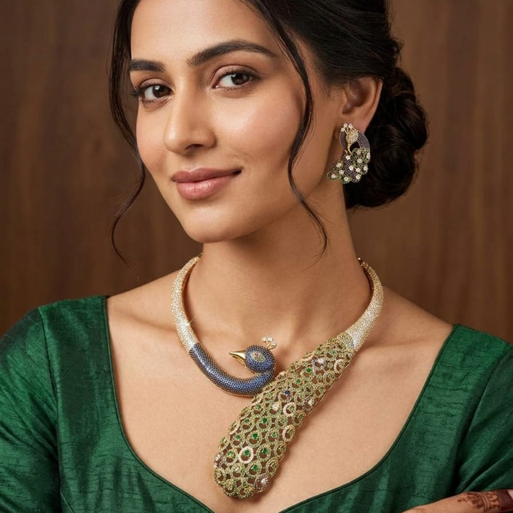 Tanish Art Jewellery Glamorous American Diamond Peacock Necklace Set