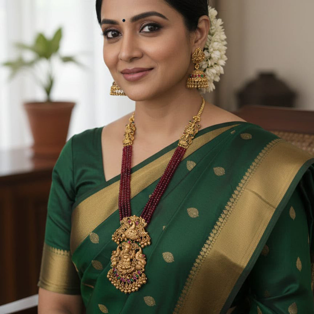 Tanish Art Jewellery Traditional Pota Stone And Pearl Temple Long Necklace Set