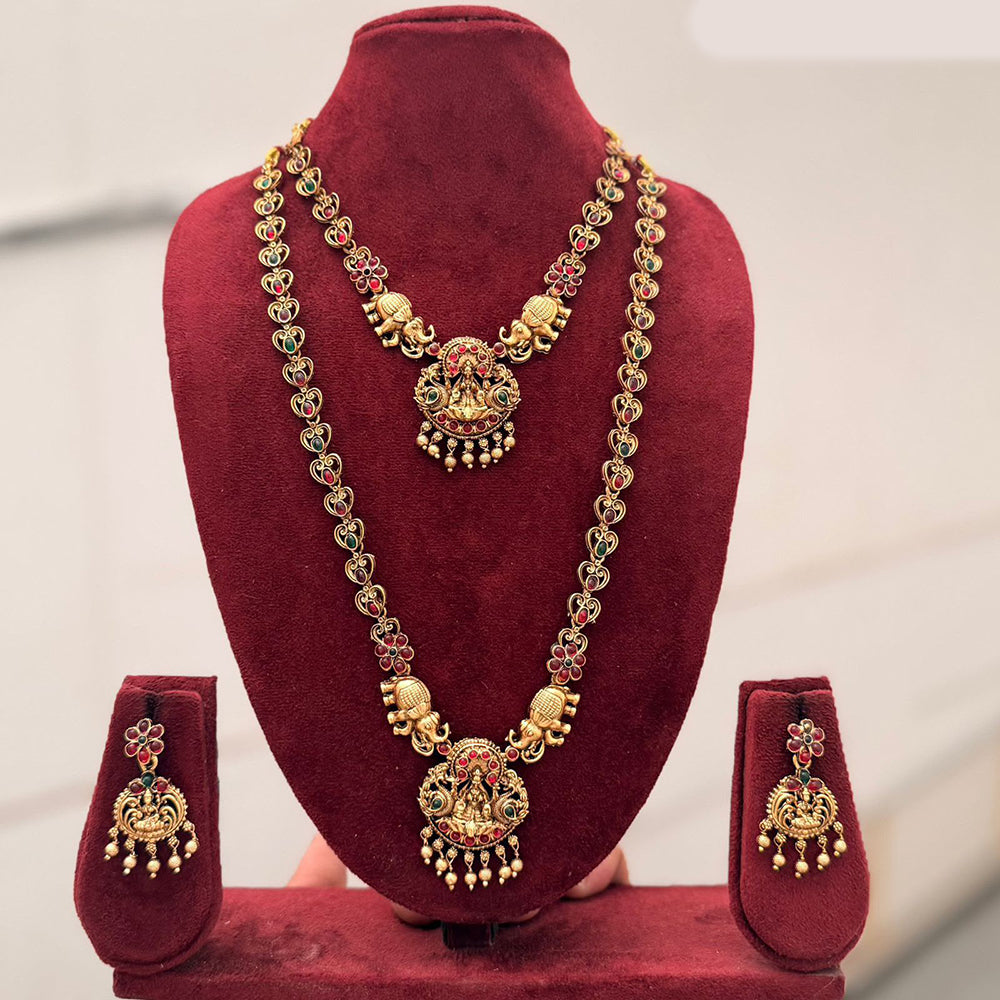 Tanish Art Jewellery Premium Pota Stone And Pearl Double Necklace Set With Earrings
