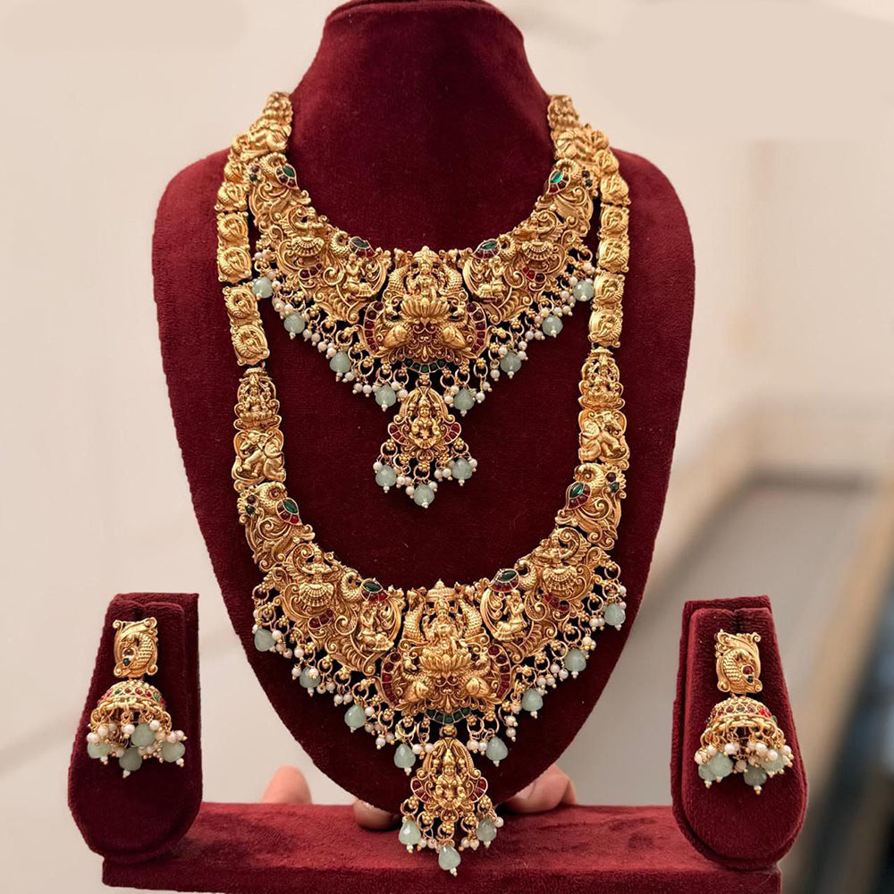 Tanish Art Jewellery Premium Pota Stone And Pearl Double Necklace Set With Earrings