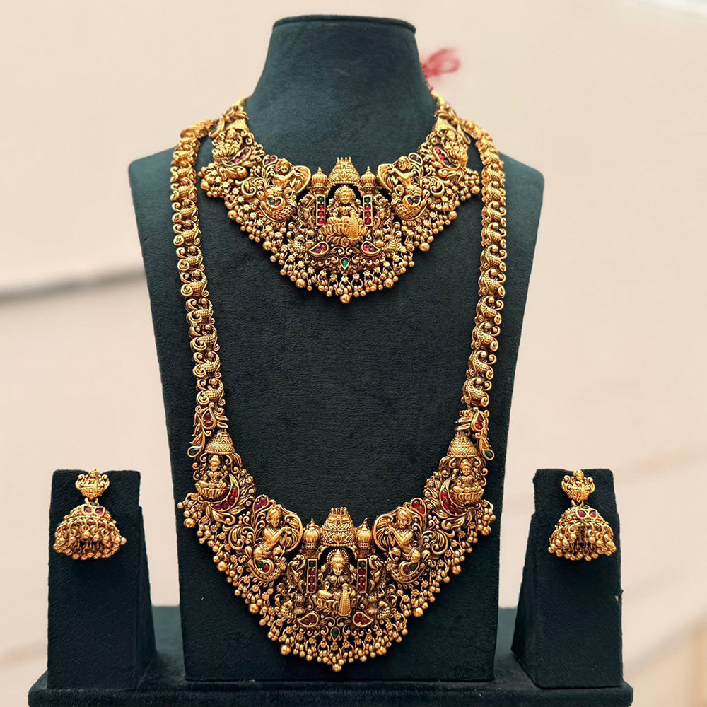 Tanish Art Jewellery Premium Pota Stone And Pearl Double Necklace Set With Earrings