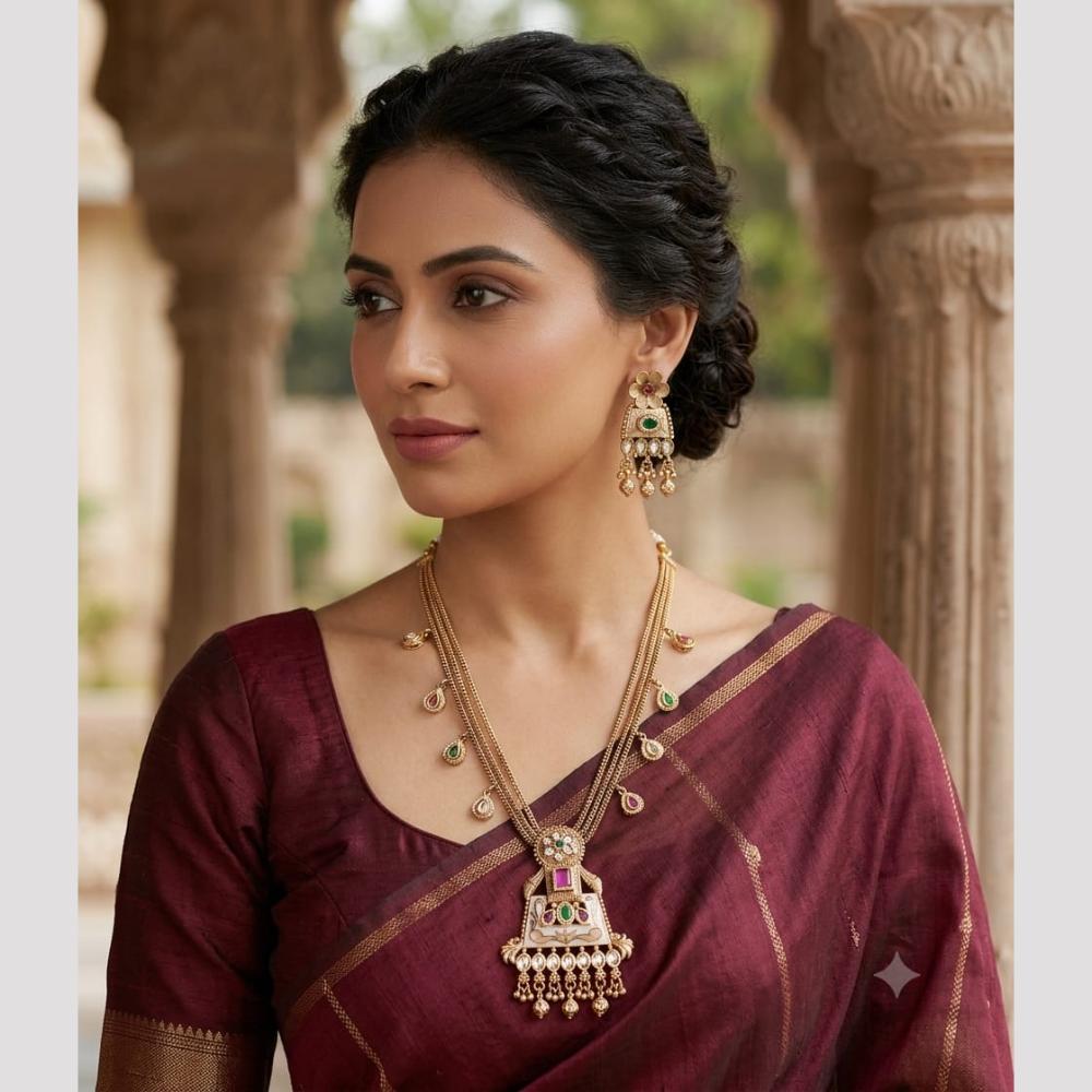 Tanish Art Jewellery Classic Pota Stone Pearl And Beads Meenakari Necklace Set