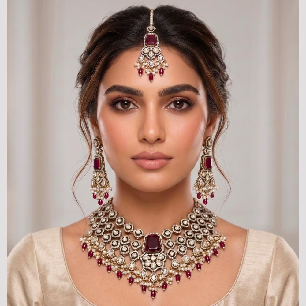 Tanish Art Jewellery Wedding Pota Stone Pearl And Beads Necklace Set for Women