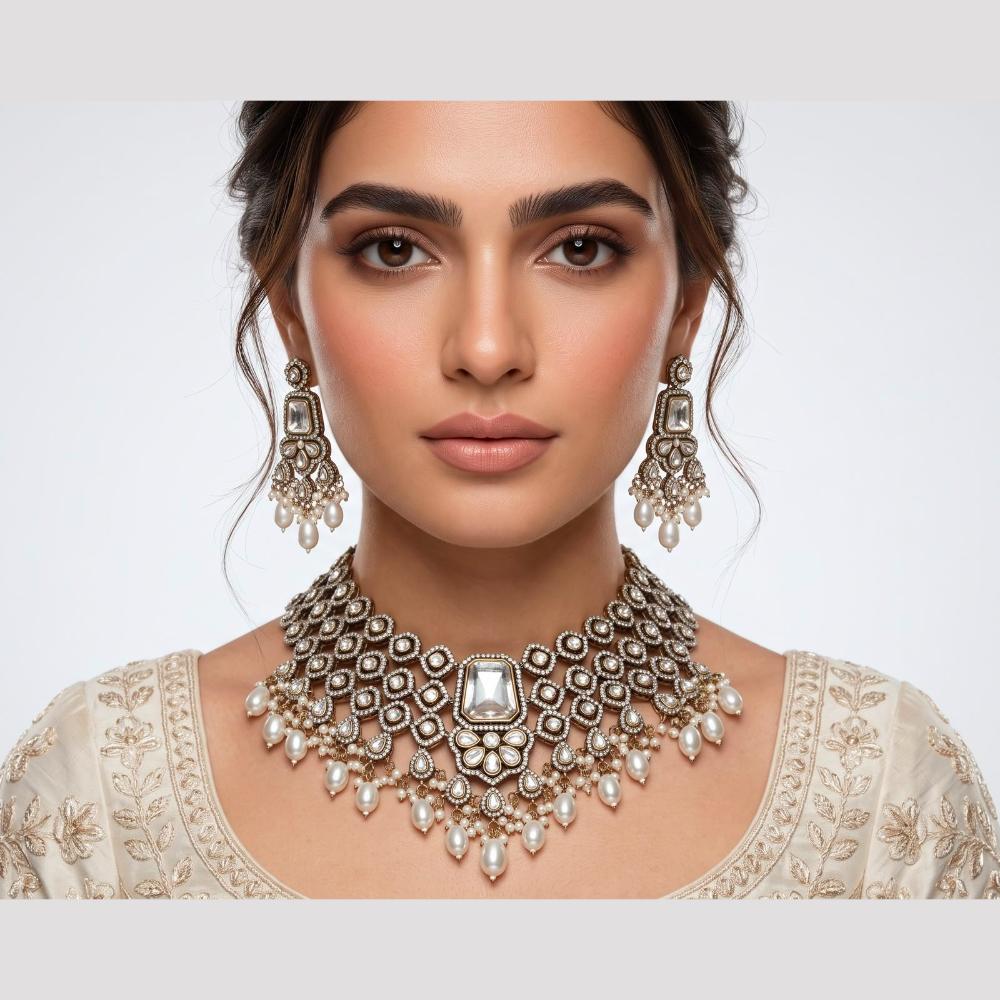 Tanish Art Jewellery Wedding Pota Stone Pearl And Beads Necklace Set for Women