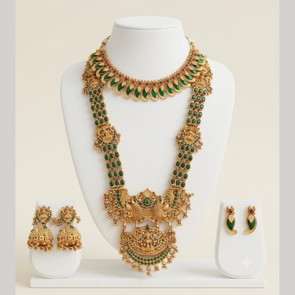 Tanish Art Jewellery Heritage Pota Stone And Pearl Double Temple Necklace Set
