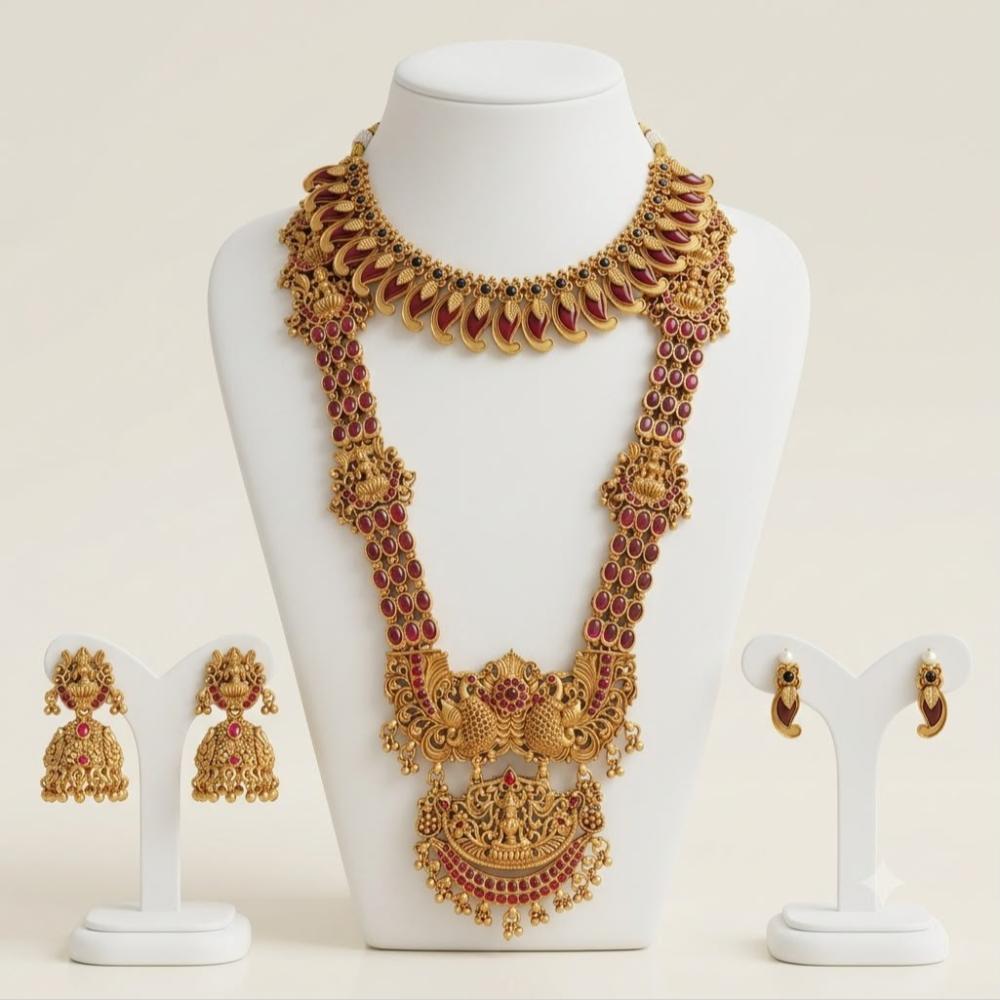 Tanish Art Jewellery Heritage Pota Stone And Pearl Double Temple Necklace Set