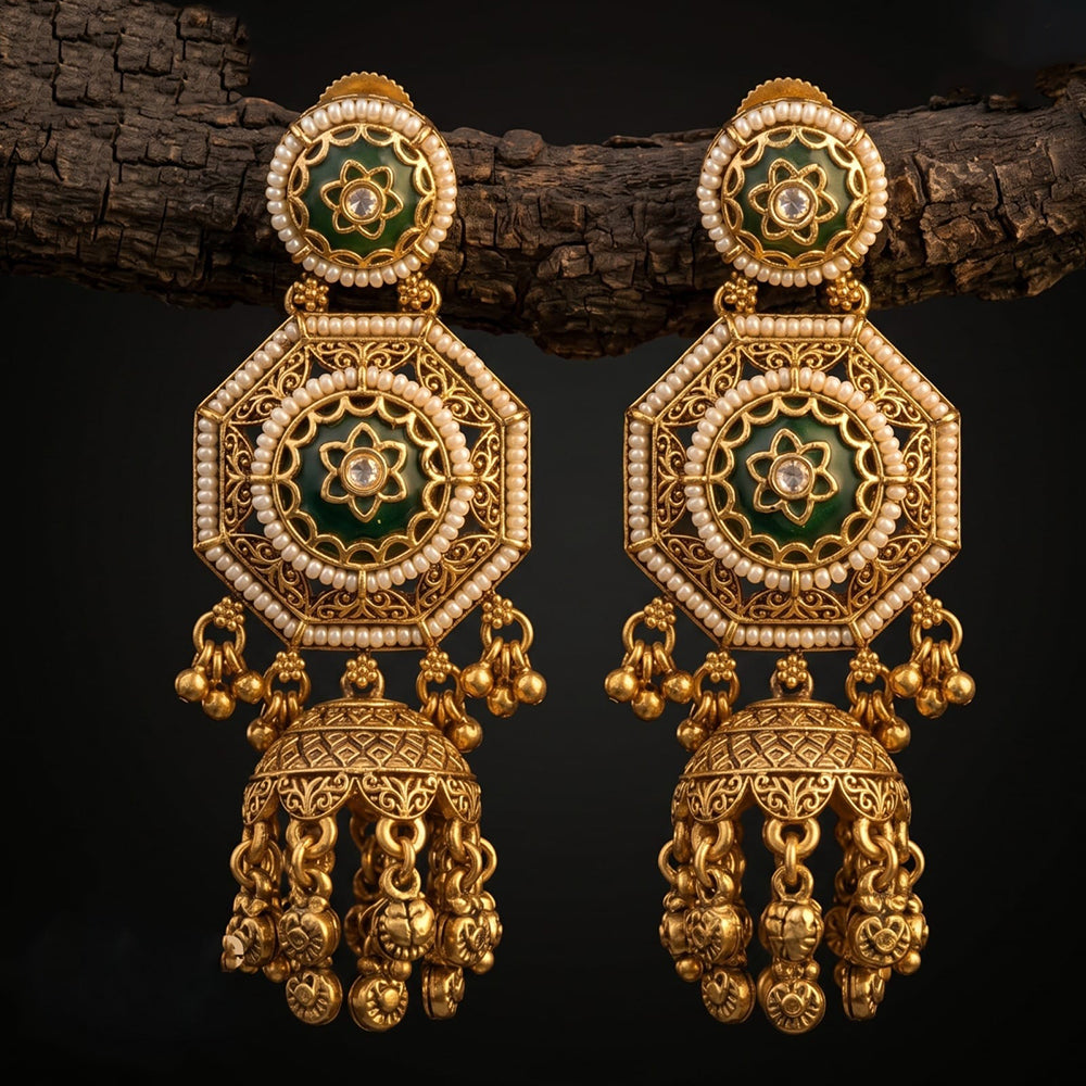Tanish Art Jewellery Premium Copper Pota Stone And Pearl Jhumki Earrings