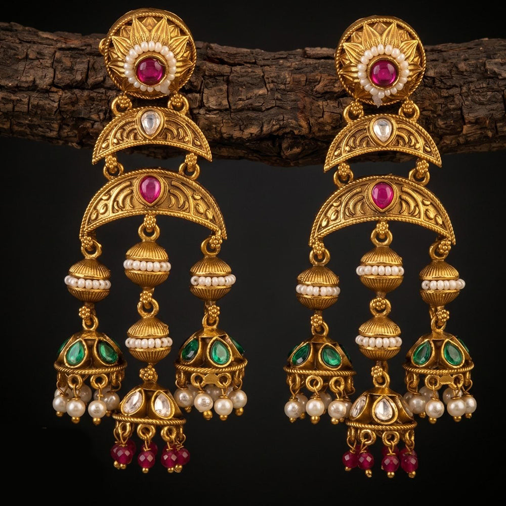 Tanish Art Jewellery Premium Copper Pota Stone And Pearl Jhumki Earrings