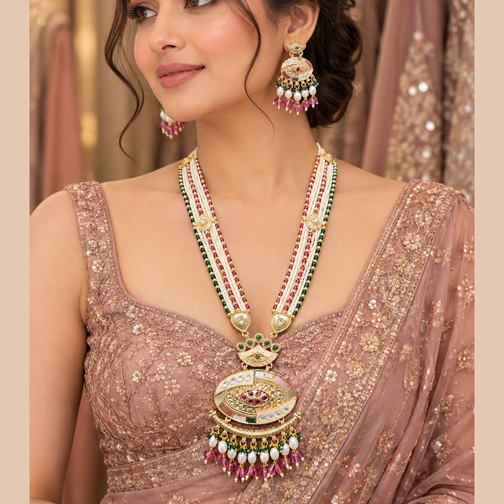 Tanish Art Jewellery Traditional Pota Stone And Beads Meenakari Long Necklace Set