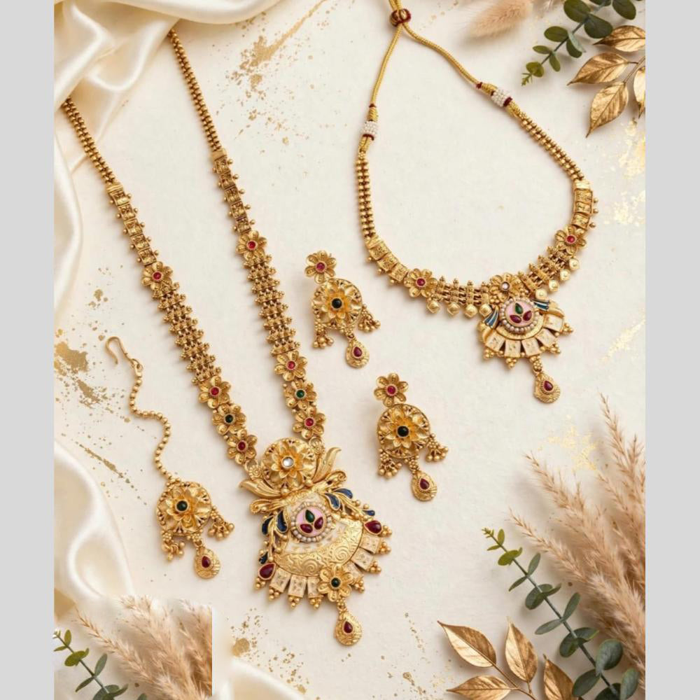 Tanish Art Jewellery Traditional Pota Stone And Beads Meenakari Double Necklace Set