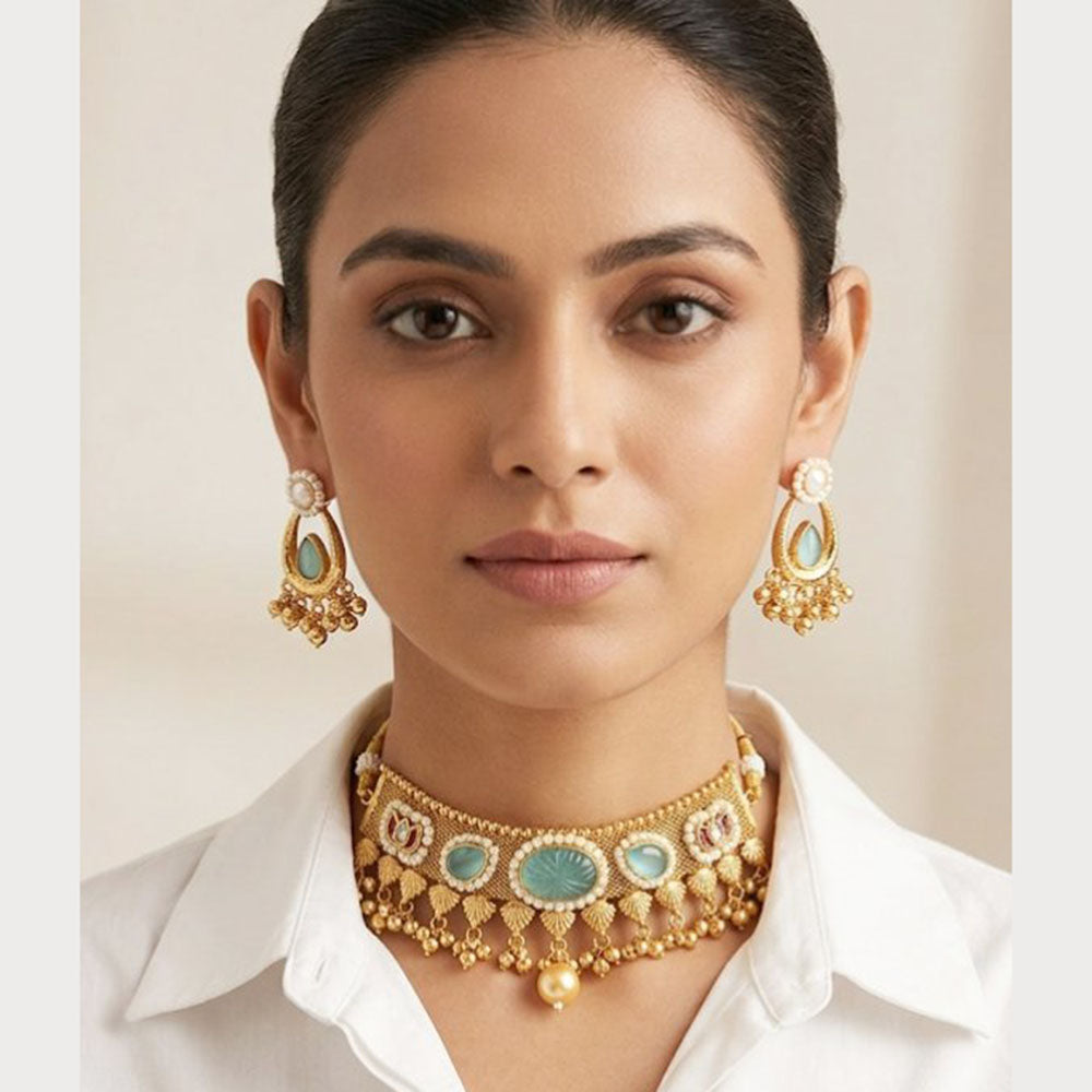 ZF Collection Elegant Pota Stone And Pearl Choker Necklace Set