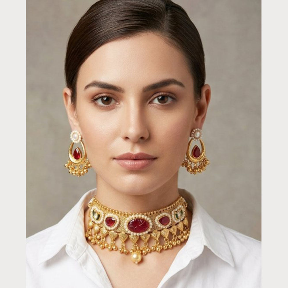 ZF Collection Elegant Pota Stone And Pearl Choker Necklace Set