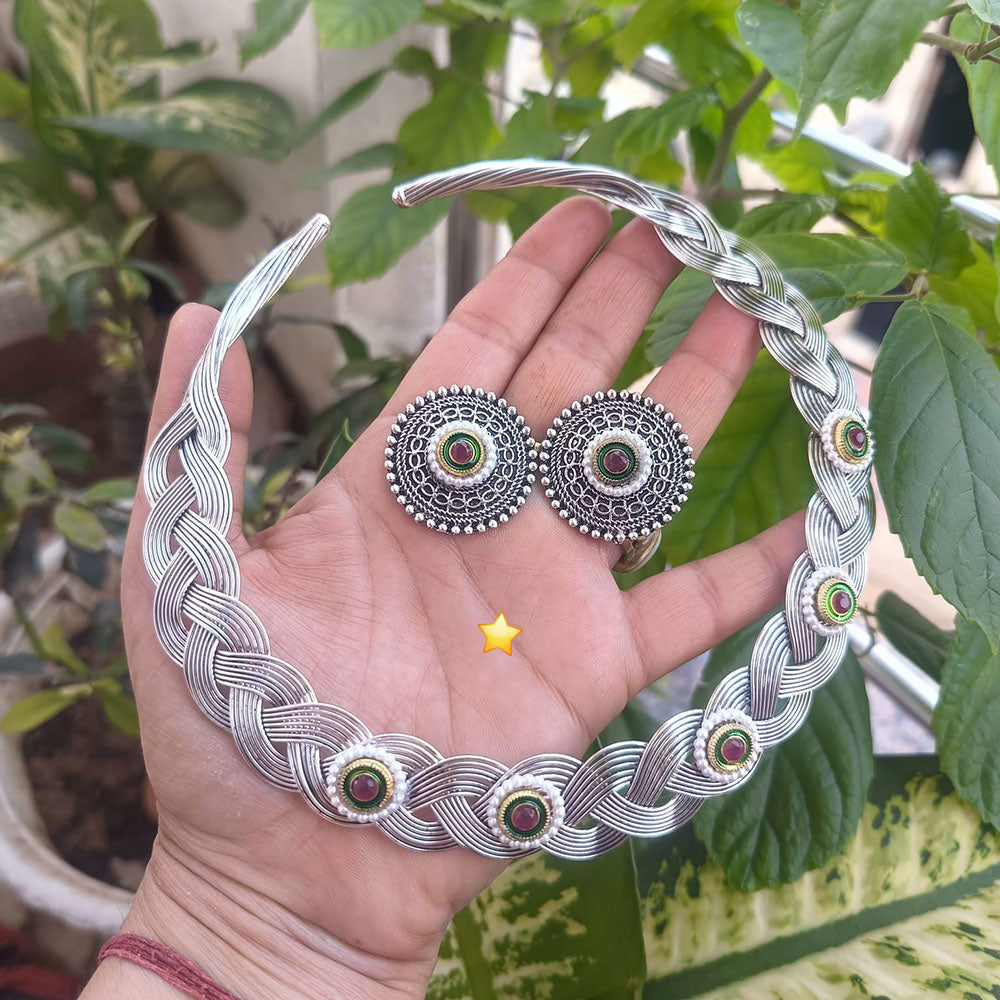 ZF Collection Vintage Oxidised Pearl And Pota Stone Necklace Set