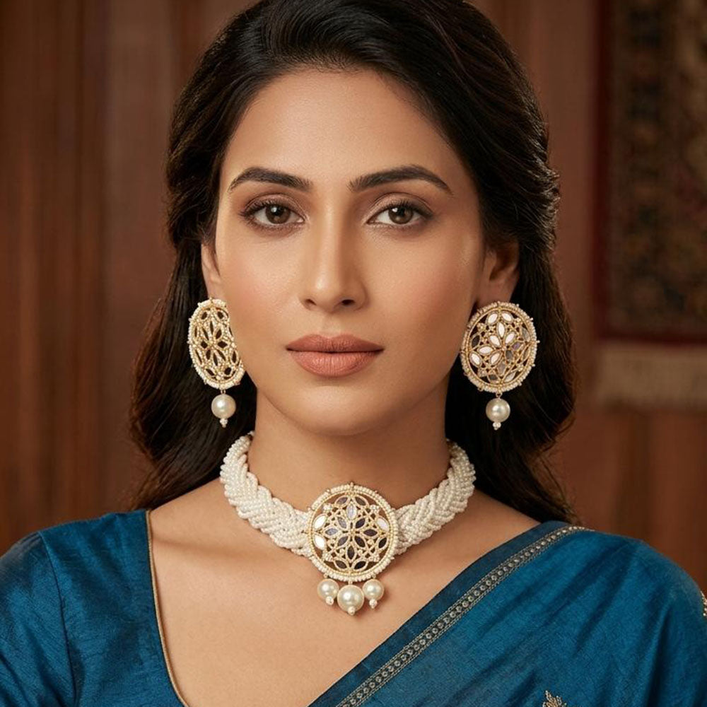 ZF Collection Elegant Mirror And Pearl Choker Necklace Set