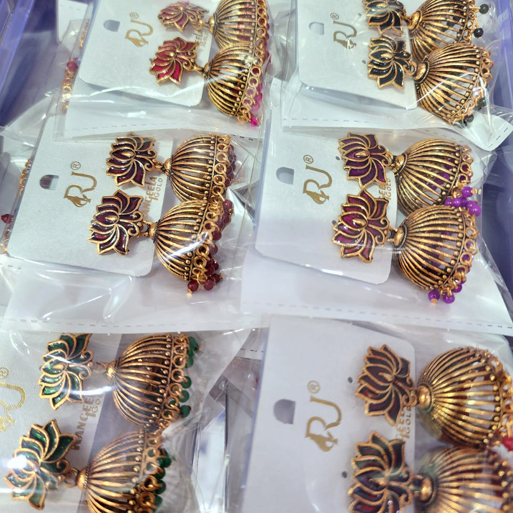 Rekha Gold Royal Lotus Meenakari And Pearl Designer Jhumki Earrings (Pack of 4)