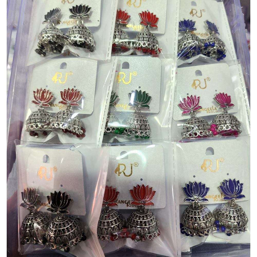 Rekha Gold Oxidised Plated Royal Lotus Meenakari And Pearl Designer Jhumki Earrings (Pack of 27)