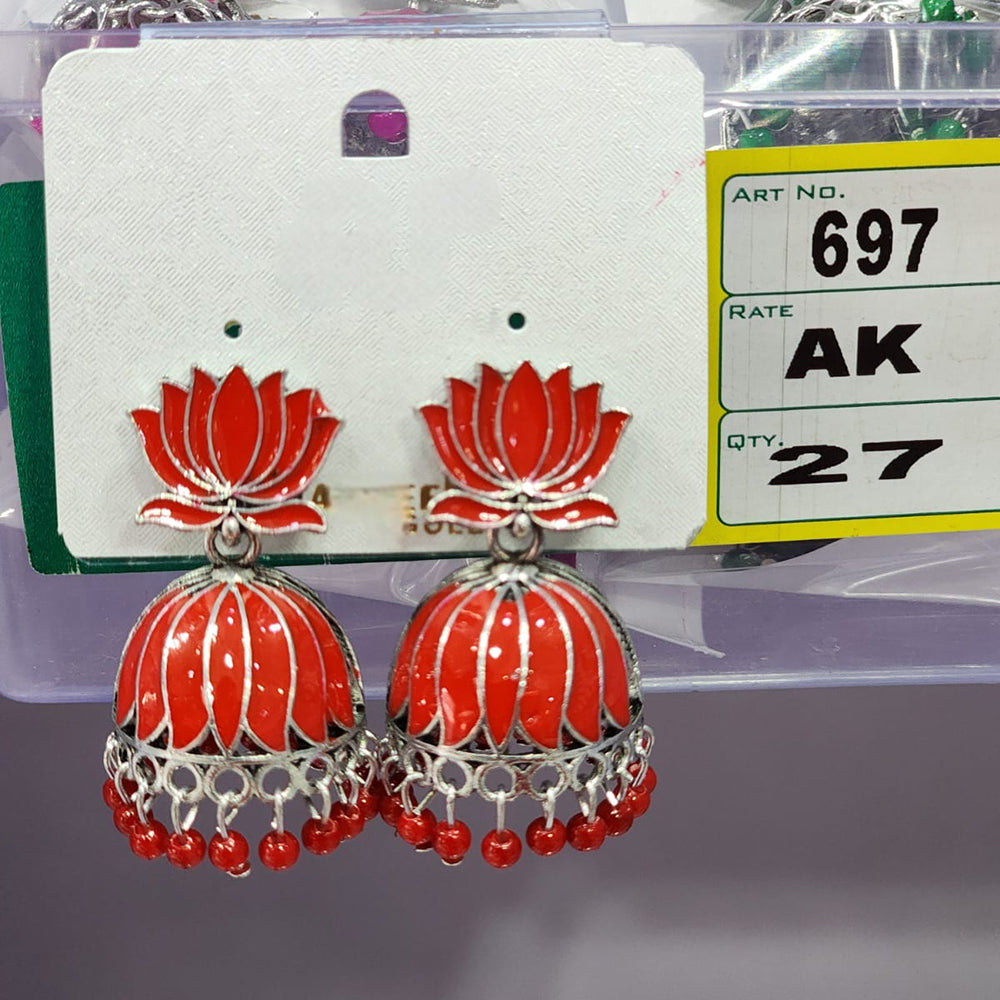 Rekha Gold Oxidised Plated Royal Lotus Meenakari And Pearl Designer Jhumki Earrings (Pack of 27)