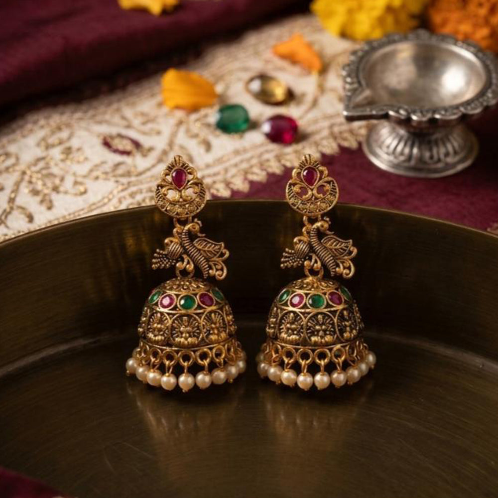 Kishi Jewels Pota Stone And Pearl South Indian Style Temple Jhumki Earrings (Pack of 12)