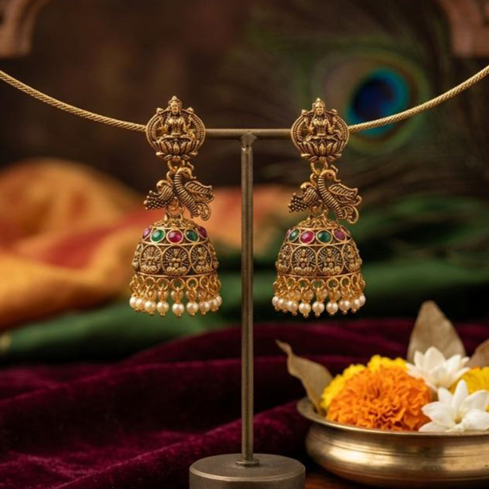 Kishi Jewels Pota Stone And Pearl South Indian Style Temple Jhumki Earrings (Pack of 12)