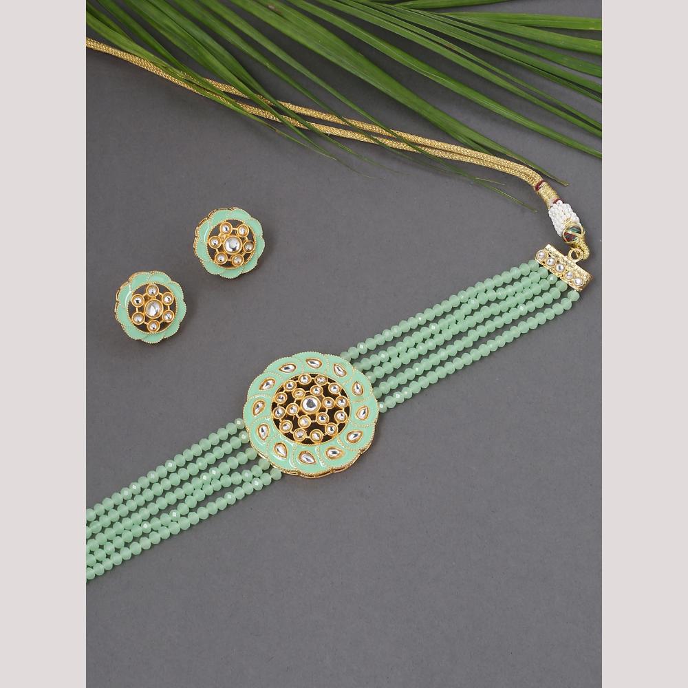 Viraasi Kundan Stone And Pearl Meenakari Choker Necklace Set for Women