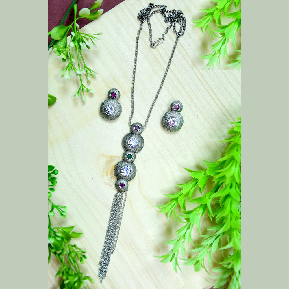 Wearhouse Fashion Oxidised Plated Pota Stone Necklace Set