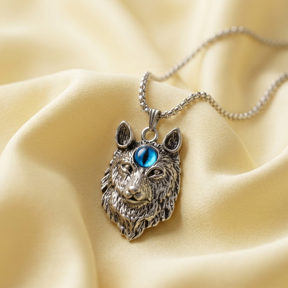 Urthn Wolf Head Pendant Necklace with Blue Crystal Eye(Pack of 6)