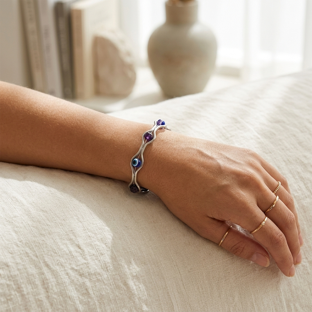 Urthn Silver-Tone Evil Eye Beaded Adjustable Kada Bracelet(Pack of 6)