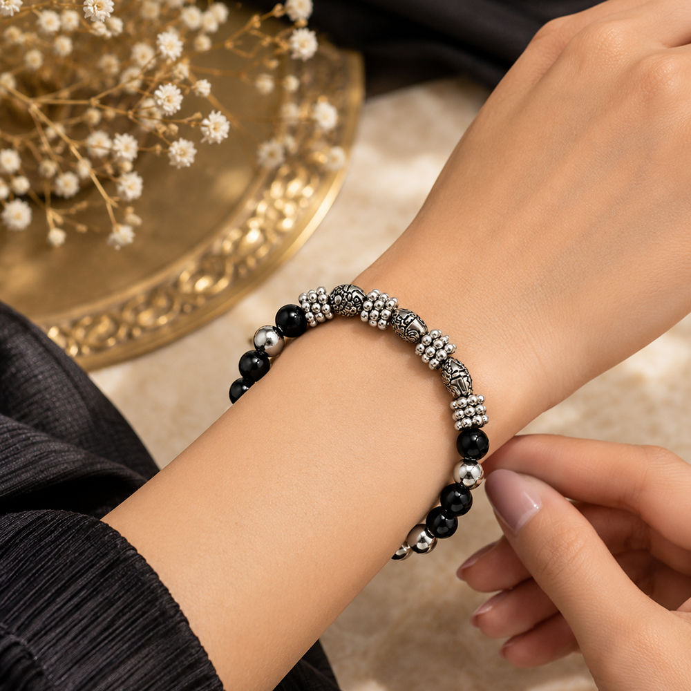 Urthn Stylish Black Beaded with Oxidised Charm Bracelet for Women & Girls - 1405168(Pack Of 6)
