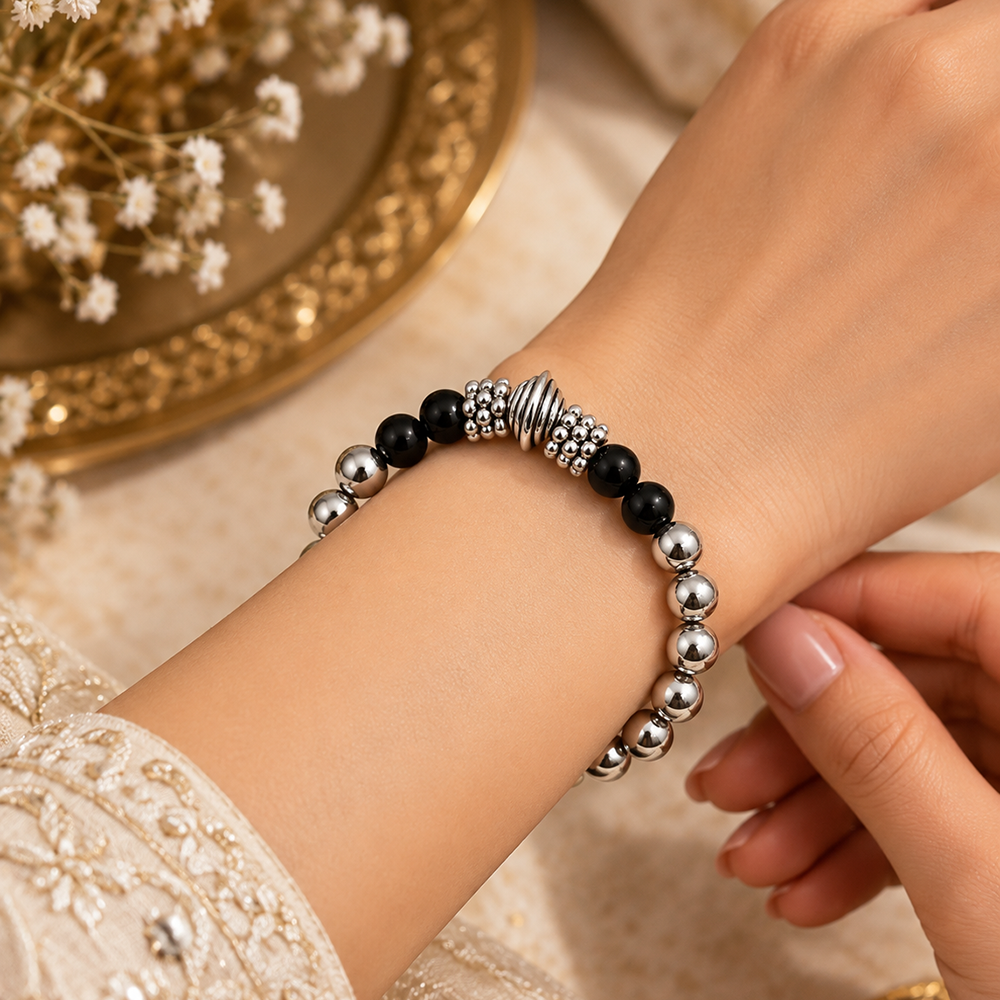 Urthn Stylish Black Beaded with Oxidised Charm Bracelet for Women & Girls - 1405169(Pack Of 6)