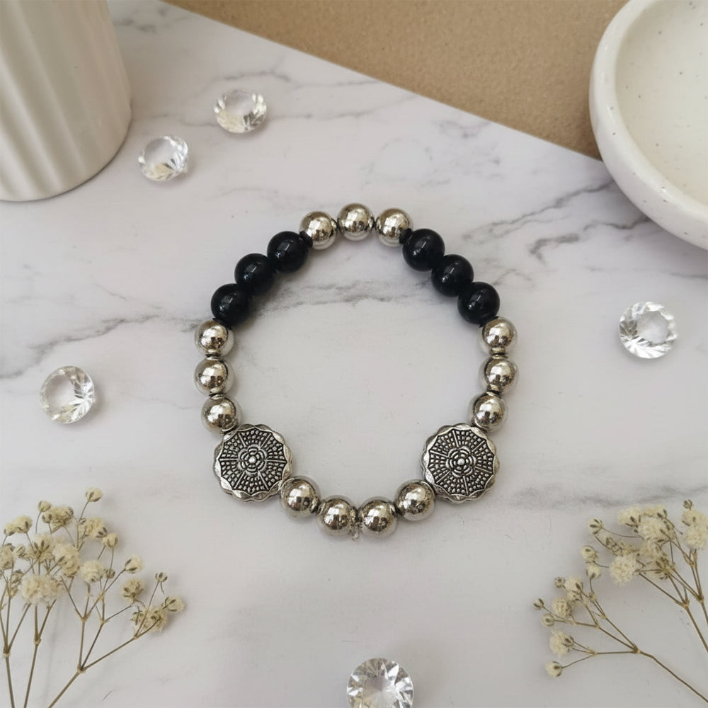 Urthn Unisex Black & Silver Beads Stretchable Bracelets(Pack of 6)