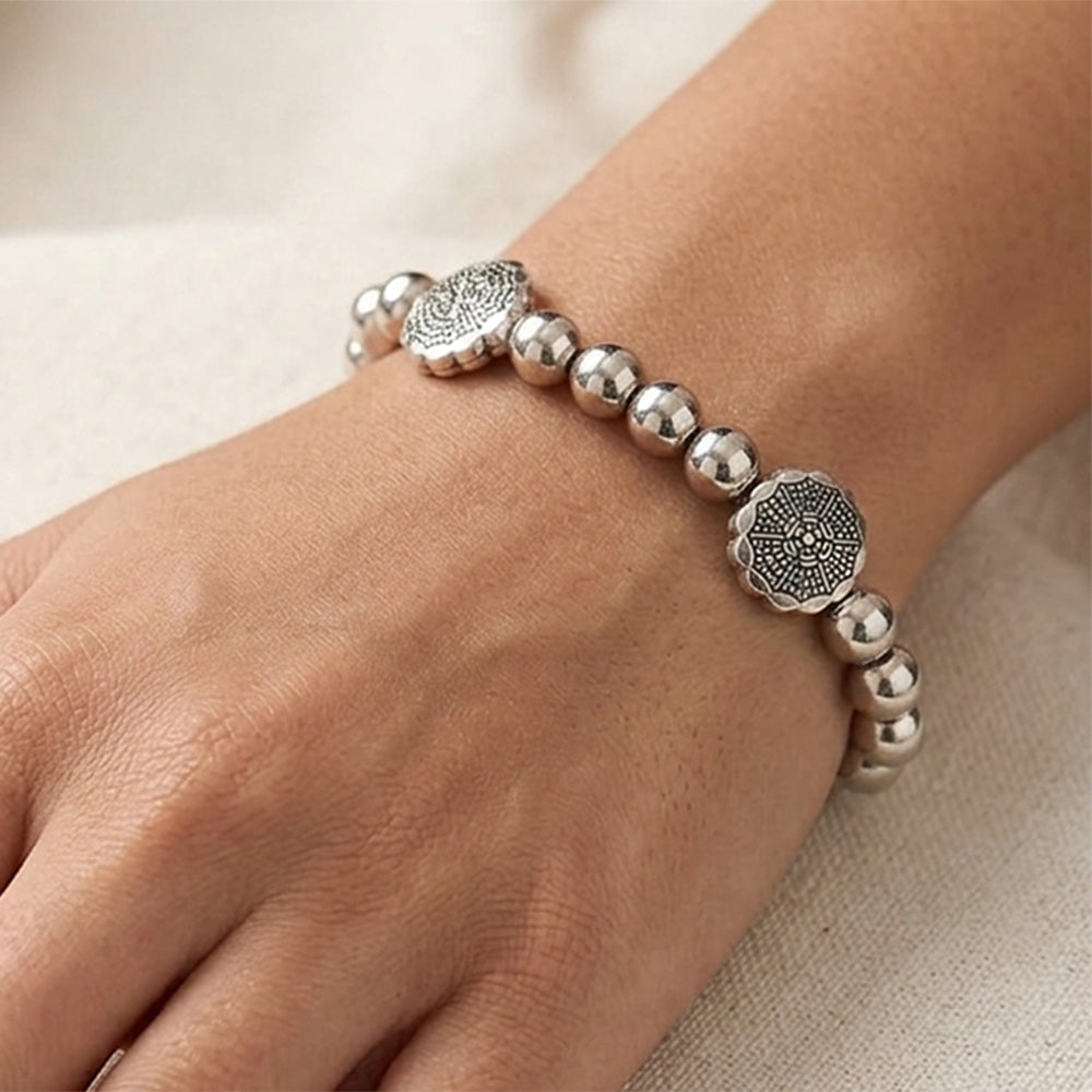 Urthn Unisex Black & Silver Beads Stretchable Bracelets(Pack of 6)