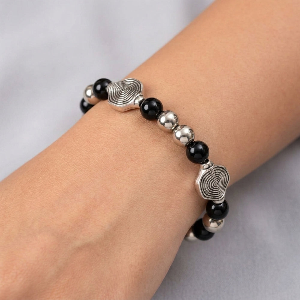 Urthn Unisex Black & Silver Beads Stretchable Bracelets(Pack of 6)