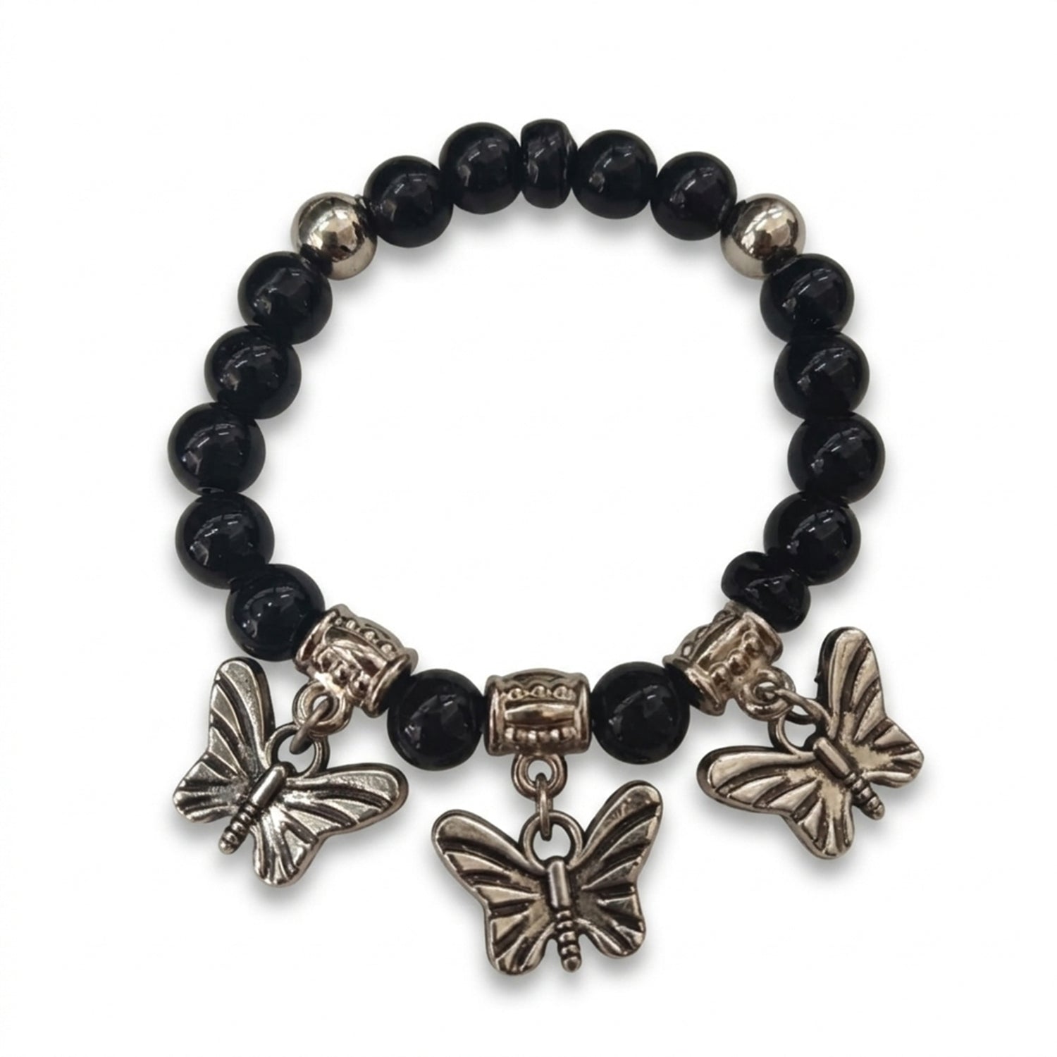 Urthn Unisex Black & Silver Beads Stretchable Bracelets(Pack of 6)