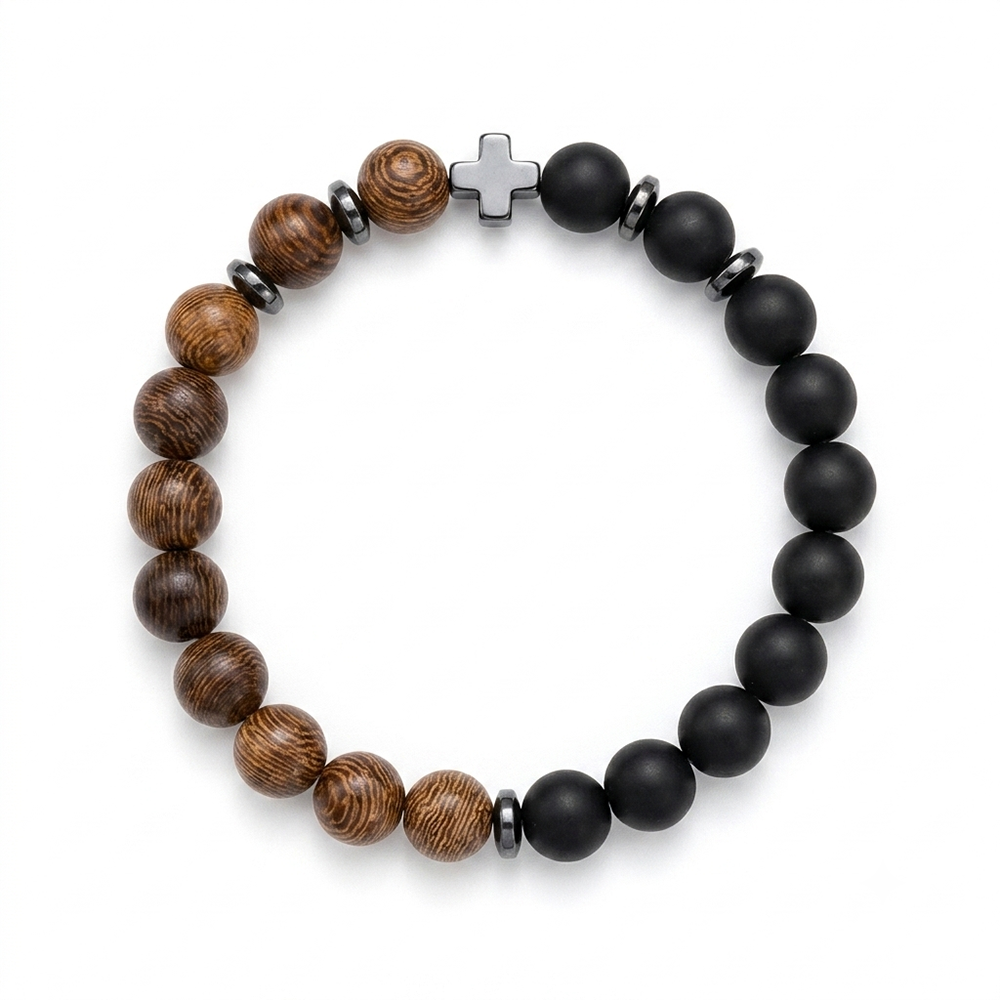 Urthn Black Matte & Wooden Bead Bracelet for Men Cross Charm Bracelet(Pack of 6)