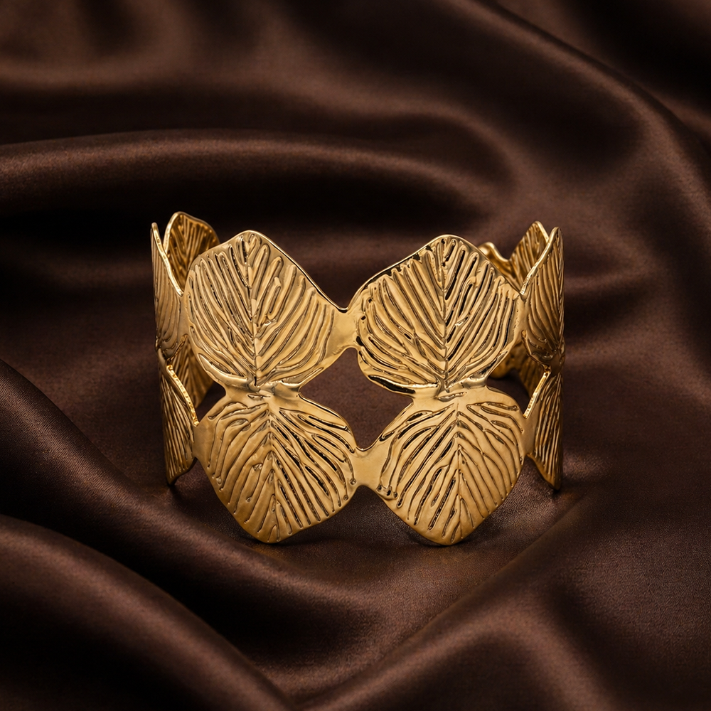 Urthn Elegant Gold Leaf Design Cuff Kada Bracelet for Women(Pack of 3)
