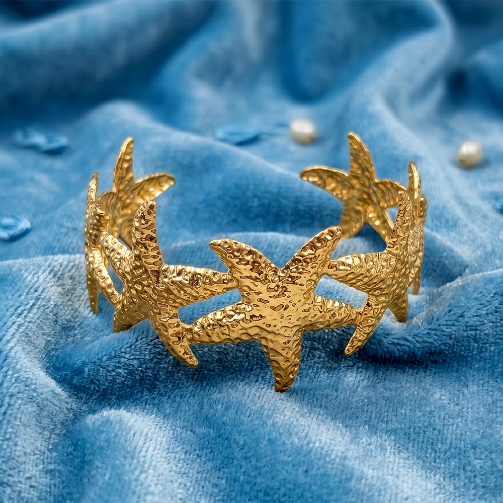 Urthn Gold Starfish Design Cuff Bracelet Ocean Inspired Statement Kada(Pack of 3)