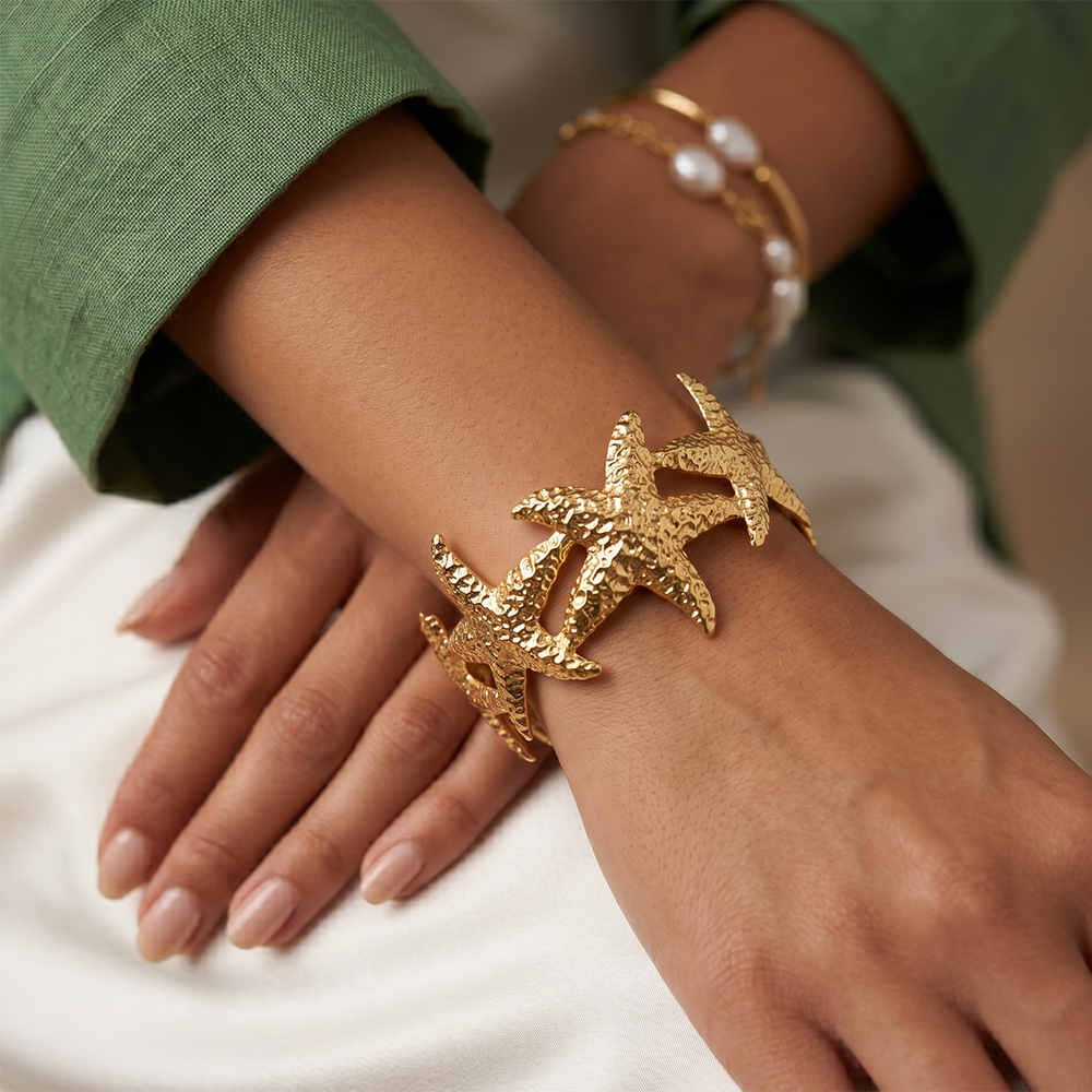 Urthn Gold Starfish Design Cuff Bracelet Ocean Inspired Statement Kada(Pack of 3)