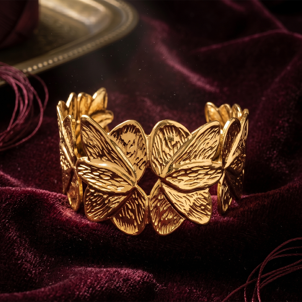 Urthn Premium Gold Finish Butterfly Pattern Open Cuff Kada(Pack of 3)