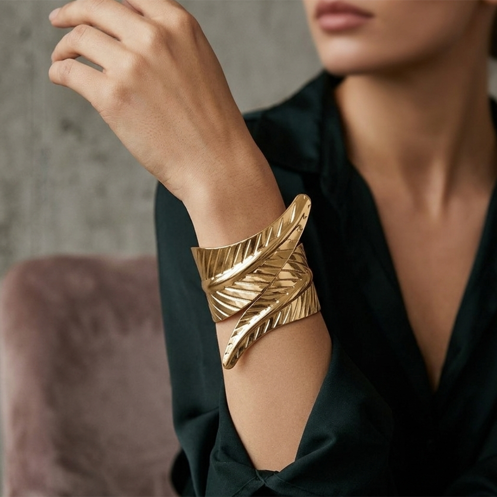 Urthn Gold Plated Bold Leaf Textured Design Wide Openable Kada for Women(Pack of 3)