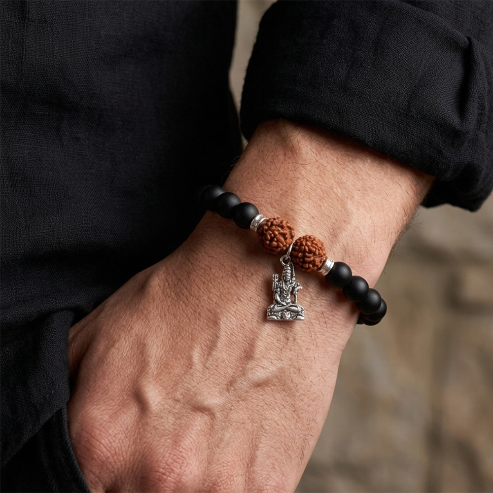 Urthn Rudraksha & Matte Beads Bracelet with Lord Shiva Charm for Mens(Pack of 12)