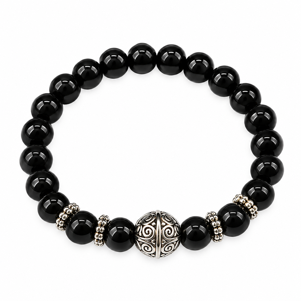 Urthn Trendy Black Beads Bracelet with Silver Ball Charm for Women & Men's(Pack Of 3 )