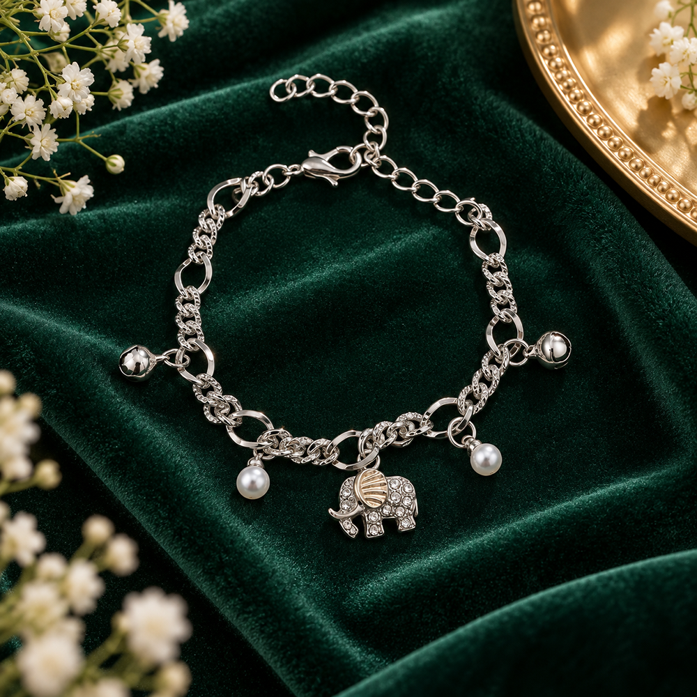 Urthn Fashionable Silver Plated With Elephant Shape Charm Bracelet with Pearl Drops